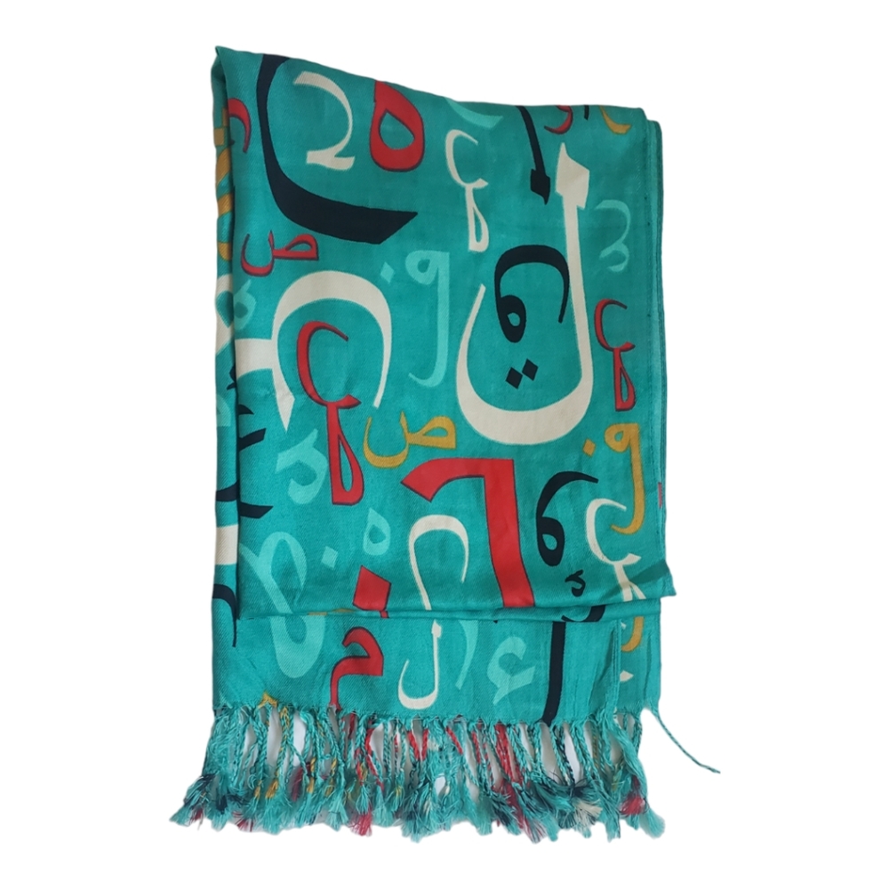 Womens green scarf Arabic Alphabet | Polyester 67" × 25"